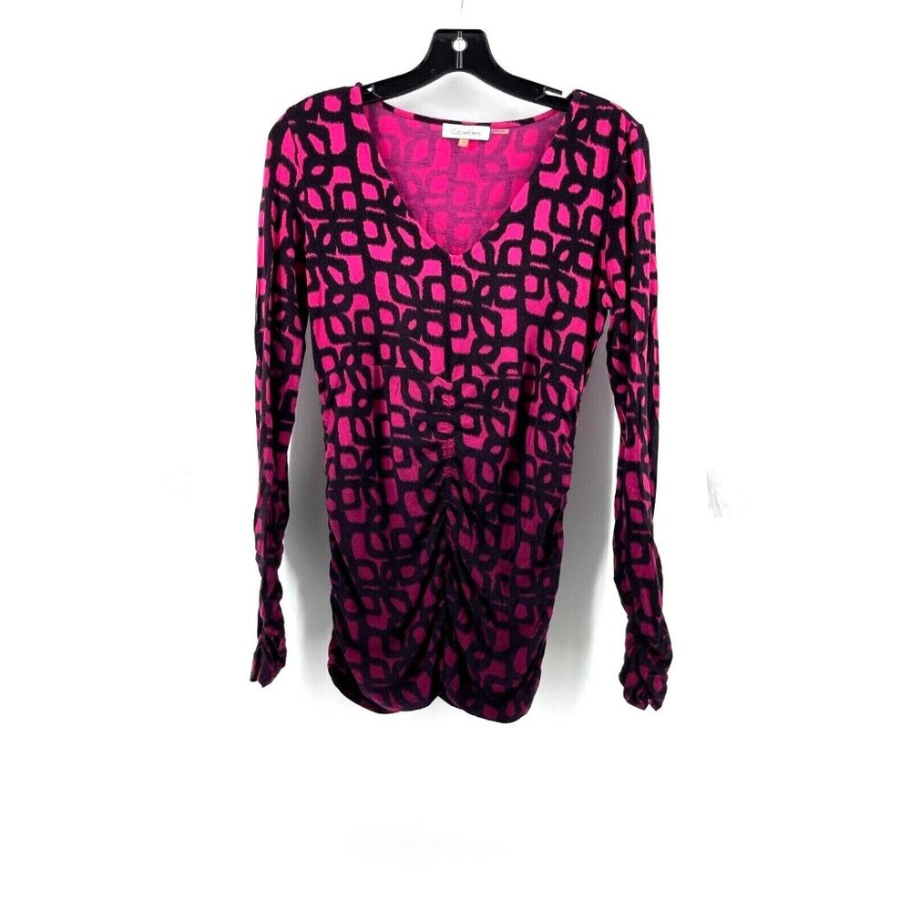 Calvin Klein Women's Hot Pink Geometric Print Long Sleeve Tunic Top Shirt Small